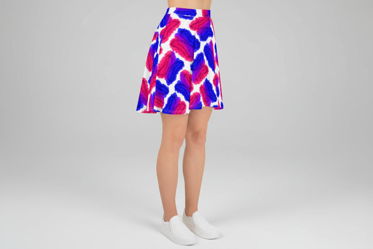 A midi-length multicolored feather skater skirt with an elastic waistband. bisexual pride skater skirt feather design, queer fashion bisexual outfit skirt, pride skirt flowing fit