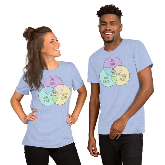 ADHD LGBTQ feminist venn diagram t-shirt
neurodivergent queer girl power shirt
venn diagram graphic tee pride design
inclusive LGBTQ ADHD t-shirt
funny relatable ADHD queer shirt