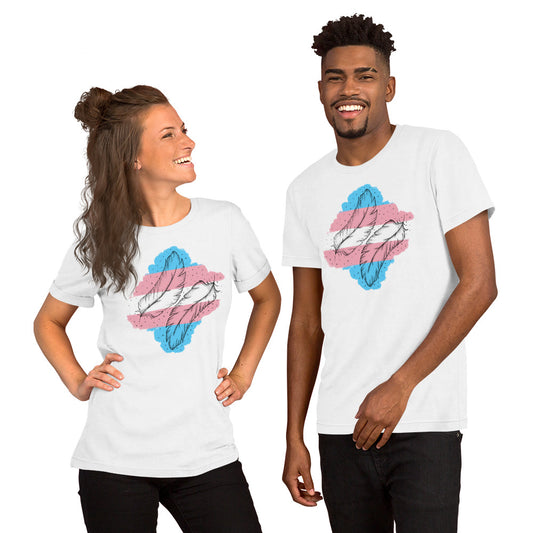 A man and a woman standing and smiling, both wearing white short-sleeve t-shirts with a colorful geometric pattern design on the front. transgender pride t-shirt feather design, gender affirming trans pride clothing